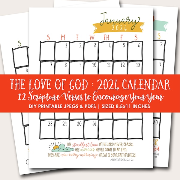2024 Printable Calendar with Scripture, Bible Verses | Instant Download Printable Christian Calendar for 2024 Planner