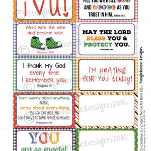 May include: A set of 10 colourful printable lunchbox notes for boys with inspirational messages and bible verses. The notes feature a chequered background with polka dots and colourful borders. The notes include messages such as "I love you", "I'm praying for you today", and "You are so special to me".