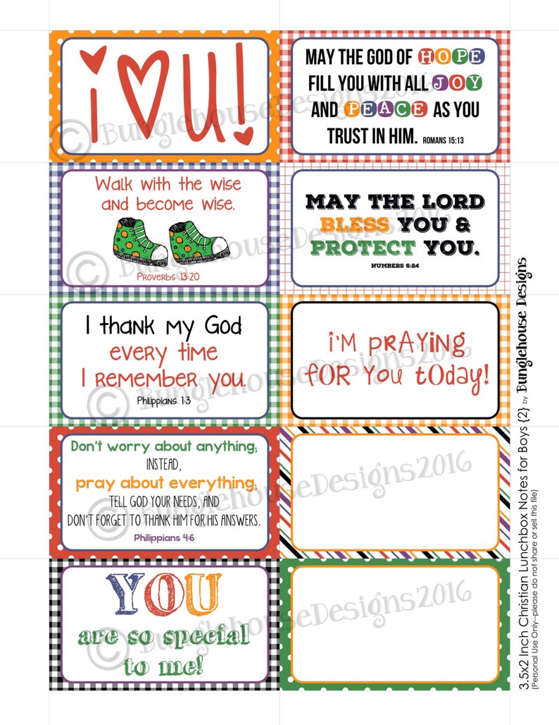 May include: A set of 10 colourful printable lunchbox notes for boys with inspirational messages and bible verses. The notes feature a chequered background with polka dots and colourful borders. The notes include messages such as "I love you", "I'm praying for you today", and "You are so special to me".