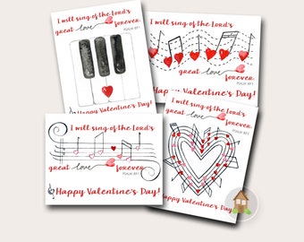 Music Valentines with Bible Verses | Piano, Music Note Watercolor Valentine Cards | Valentines from Music Teacher | Digital Download