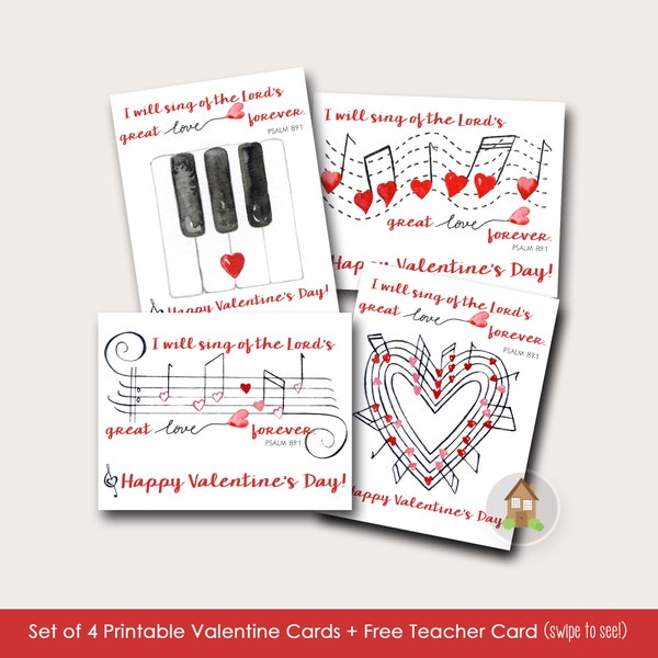 Music Valentines with Bible Verses | Piano, Music Note Watercolor Valentine Cards | Valentines from Music Teacher | Digital Download