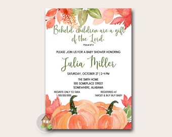 Puede incluir: Una invitación a un baby shower con un diseño de acuarela. La invitación presenta el texto "Behold, children are a gift of the Lord" y "Julia Miller". El diseño incluye calabazas naranjas y follaje de otoño.