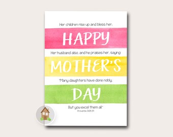 Christian Mother's Day Card | Printable Watercolor Mom Card | Scripture, Bible Verse | DIY PRINTABLE | Proverbs 31 Card | Instant Download