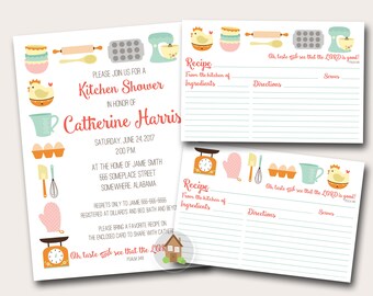 May include: Printable kitchen shower invitation featuring a cute chicken design. The invitation includes the date, time, and location of the shower. It also includes two recipe cards with a cute chicken design and the text "Oh, taste and see that the LORD is good!"