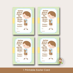 Kinder Osterkarte | Junge mit Hase Karte | Druckbare Schrift, Osterkarten mit Bibelversen für Kinder | 1 Johannes 5,11 | Frühling Vichykaro