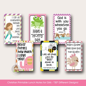 Notes de boîte à lunch imprimables chrétiennes pour petites filles ou enfants d'âge préscolaire | Notes d'amour pour le déjeuner avec des messages tirés des Écritures