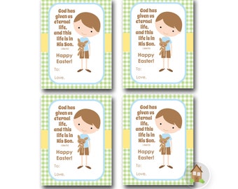 Kinder Osterkarte | Junge mit Hasenkarte | DIY PRINTABLE | Schrift, Bibelvers Osterkarten für Kinder | 1 Johannes 5:11 | Frühling Vichy Karo