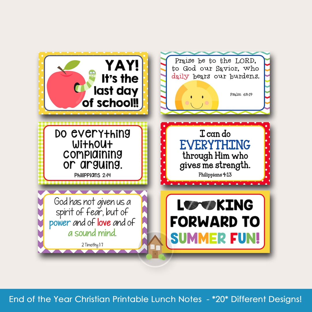 End of the Year Lunch Box Notes With Scriptures and Christian Messages, Printable Lunchbox Cards ...