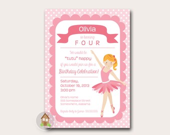 May include: A pink and white invitation featuring a ballerina illustration. The invitation reads "Olivia is turning FOUR. We would be "tutu" happy if you would join us for a Birthday Celebration!" The invitation also includes the date, time, and location of the party.