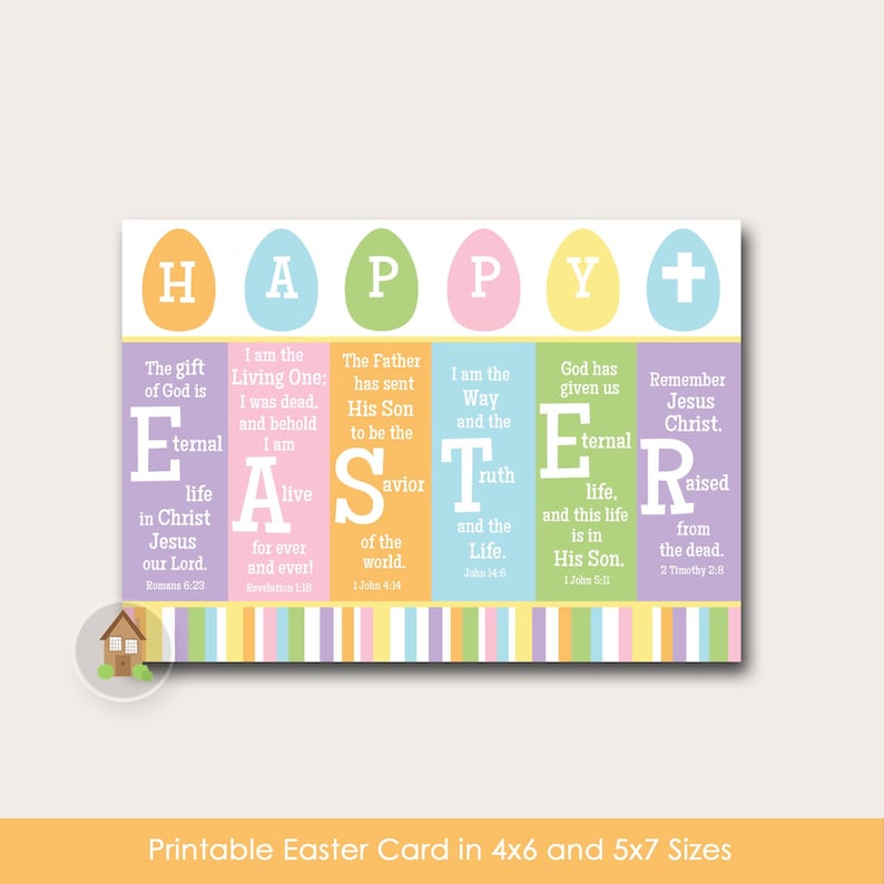 Op de afbeelding: Een afdrukbare paaskaarten met een kleurrijk ontwerp met het woord "HAPPY" in grote letters, waarbij elke letter in een eivorm staat. Het woord "EASTER" is verticaal gespeld met elke letter in een andere kleur en een bijbelvers naast elke letter. De kaart heeft een gestreepte achtergrond.