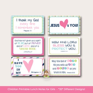 Notes de boîte à lunch pour filles | imprimables Christian Lunchbox | Notes d'amour de déjeuner de vers de bible | Cartes d'encouragement à l'école | DIY IMPRIMABLE