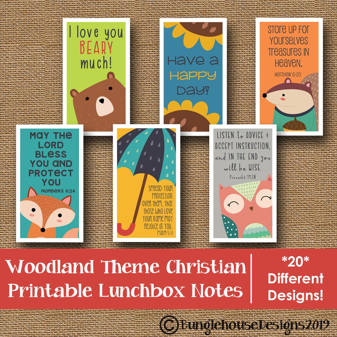 Christian Lunch Box Notes for Kids | Cute Printable Woodland Themed ...