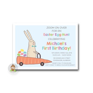 Easter Egg Hunt Invitation Egg Hunt Birthday Party Printable Easter Bunny Invitation Cute Easter Rabbit in Carrot Car DIY PRINTABLE image 1