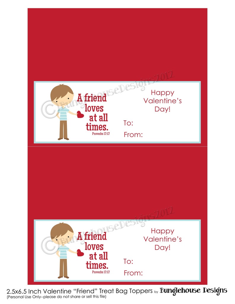 Valentine Party Favor Bag Topper, A Friend Loves at All Times, Proverbs 17:17 Friend Valentine for Boys image 8