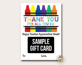 Gift Card Holder for Teacher Appreciation Week | Crayon Thank You for All You Do | Printable Card Holder for Gift Cards | Elementary School