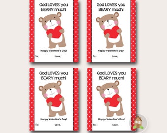 God Loves You Beary Much Valentine | Bear with Heart Valentine | DIY PRINTABLE | Kids Valentines | Christian Valentine | Instant Download