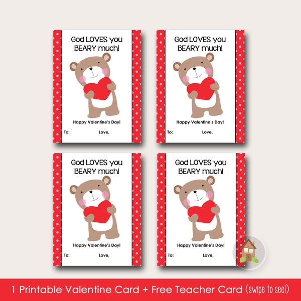 God Loves You Beary Much Valentine | Bear with Heart Valentine | DIY PRINTABLE | Kids Valentines | Christian Valentine | Instant Download