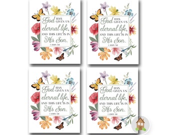 Cottage Floral Easter Cards | Watercolor Eternal Life Small Scripture Cards | 1 John 5:11 | Last Minute Religious Easter Download