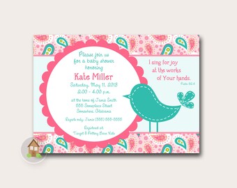 Bird Baby Shower Invitation | Baby Girl Shower Invite | Pink & Teal Paisley | Christian, Scripture, Bible Verse Invitation | DIY PRINTABLE