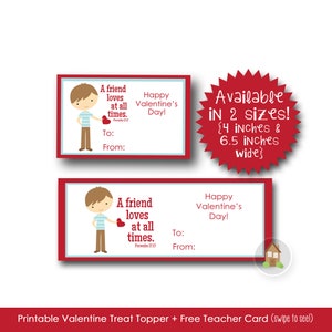 Valentine Party Favor Bag Topper, A Friend Loves at All Times, Proverbs 17:17 Friend Valentine for Boys image 1