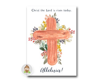 Christian Easter Card | Digital Printable Christ the Lord is Risen Today | Watercolor Cross Folding Card | Instant Download Print Now