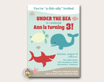 Ocean Birthday Party Invitation | Under the Sea Party | Boy or Girl Swim Party Invite | Cute Sea Animals, Shark, Whale, Fish | DIY PRINTABLE