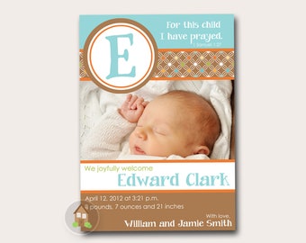 Christian Baby Boy Birth Announcement | Printable Photo Announcement for Boy | Blue and Brown Initial New Baby Card | DIY PRINTABLE