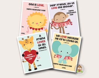 Valentijnskaarten voor de kleuters | Safari Valentijn | DIY AFDRUKBAAR | Jungle dieren Valentijnsdag | Christelijk, Schrift, Bijbelvers afdrukbare Valentijnsdag