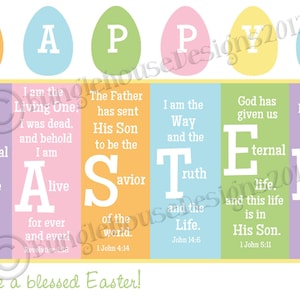 Op de afbeelding: Een kleurrijke paaskaart met het woord "HAPPY" gespeld in pastelkleurige eieren. De kaart bevat een religieuze boodschap over de opstanding van Jezus Christus.