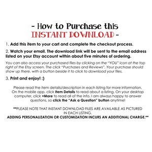May include: Instructions on how to purchase and download digital files from Etsy. The text explains how to access the download link, find purchased files, and contact the seller with questions. The text also notes that personalisation or customisation incurs an additional charge.