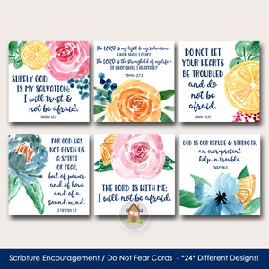 Cartões de incentivo às escrituras, versículos bíblicos para medo, ansiedade e preocupação, notas para impressão de não tenha medo, aquarela floral e cítrica