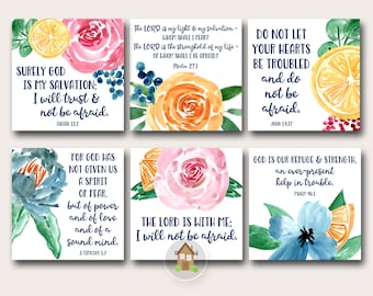 Scripture Encouragement Cards, Bible Verses for Fear, Anxiety and Worry, Don't Be Afraid Printable Notes, Floral and Citrus Watercolor