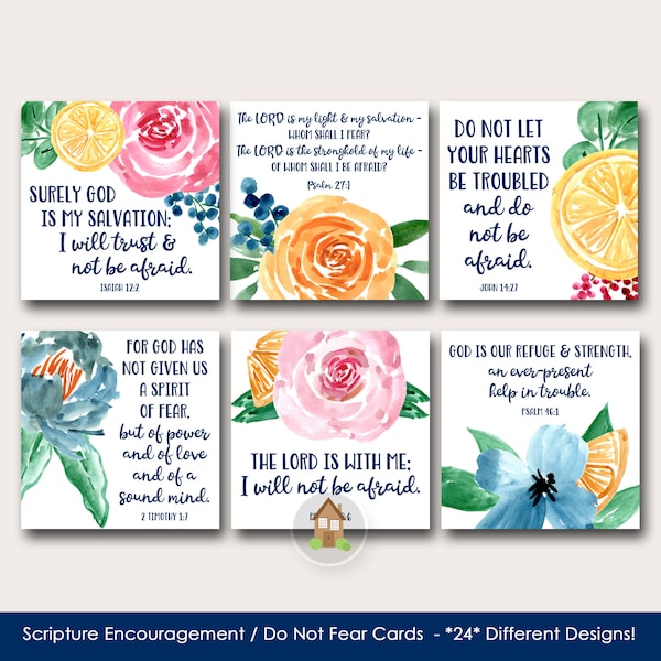 Scripture Encouragement Cards, Bible Verses for Fear, Anxiety and Worry, Don't Be Afraid Printable Notes, Floral and Citrus Watercolor