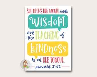 Christian Mother's Day Card, Proverbs 31 Printable Card for Mom, Wisdom and Kindness Handlettered Card, Print at Home Mother's Day Gift