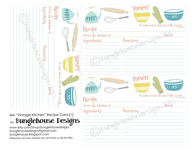 Instant Download Recipe Card with Bible Verse Vintage Retro Etsy