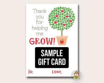 Cute Preschool Teacher Appreciation Printable | Year End Early Elementary Teacher Gift Card Holder | Thank You for Helping Me Grow