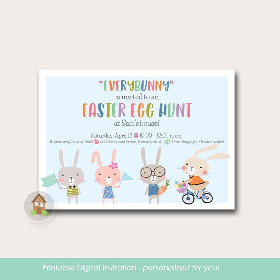 Cute Easter Egg Hunt Printable Invitation | Easter Bunnies Spring Party Invite | Everybunny is Invited