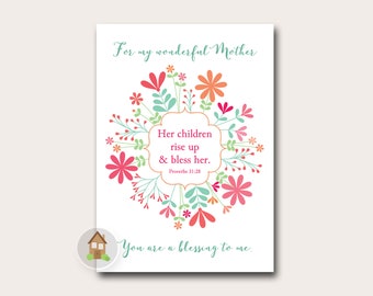 Printable Mother's Day Blessing | Christian Mother's Day | Scripture, Bible Verse Card for Mom | Proverbs 31 | Diy Download Now