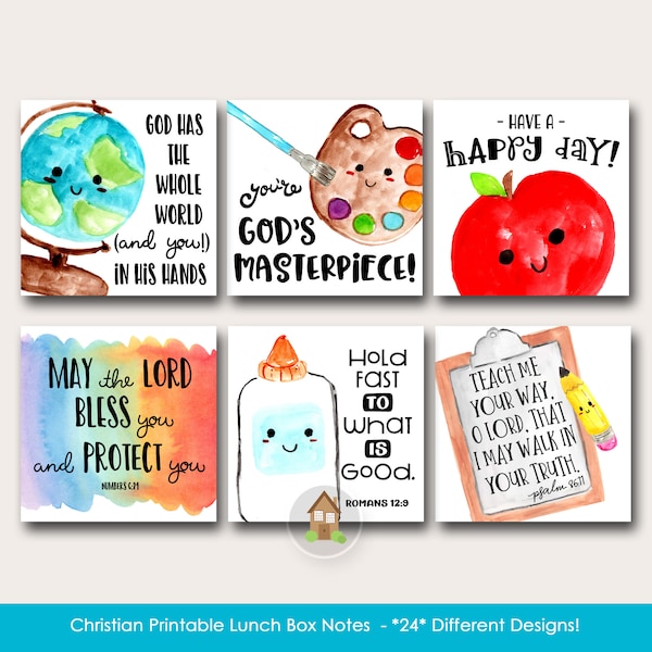 Cute Christian Lunchbox Notes for Kids, Watercolor Lunch Notes with Scriptures, Printable School Notes for Children