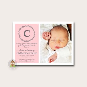Tarjeta de nacimiento de niña con monograma imprimible (con corona) / Tarjeta de nacimiento cristiana, con versículo bíblico y cristiana para imprimir.