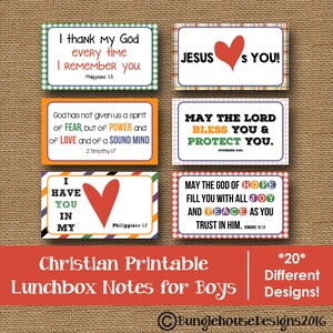 May include: Twenty printable lunchbox notes for boys with Christian messages and colourful designs. The notes feature Bible verses and inspirational quotes.