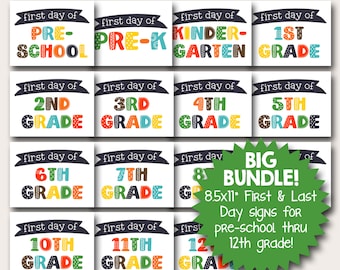 1st Day of School Signs | Cute First and Last Day of School Printables | Signs for Every Grade, Preschool through 12th Grade | DIY PRINTABLE