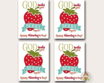 God Loves You Berry Much | Retro Strawberry Printable Christian Valentines Card | Print Now