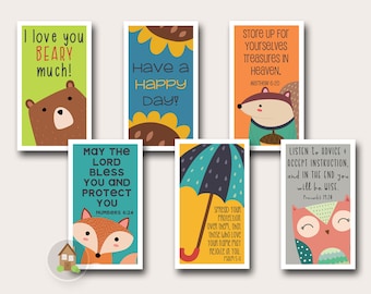 Christian Lunch Box Notes for Kids | Cute Printable Woodland Themed Lunch Notes | Religious School Lunch Cards