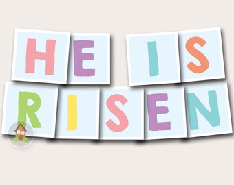 Pancarta de "Él ha resucitado" / Pancarta cristiana de Pascua imprimible con cruz / Decoración para el almuerzo de Pascua para niños / Pancarta de primavera / Banderines de Pascua / DIY IMPRIMIBLE