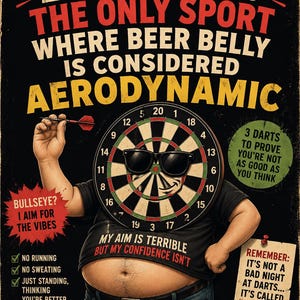 以下が含まれることがあります： 「DARTS: THE ONLY SPORT WHERE BEER BELLY IS CONSIDERED AERODYNAMIC」というテキストが入った、ユーモラスなポスター。サングラスをかけたダーツボードが人の顔になっています。ダーツに関する面白いフレーズが書かれています。