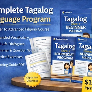 Puede incluir: Un programa completo de idioma tagalo con materiales de curso de filipino para principiantes a avanzados. La imagen muestra varios libros etiquetados como "Tagalo" con los niveles 2 y 3, y una descarga digital en PDF. El programa incluye vocabulario ampliado, diálogos de la vida real y ejercicios.