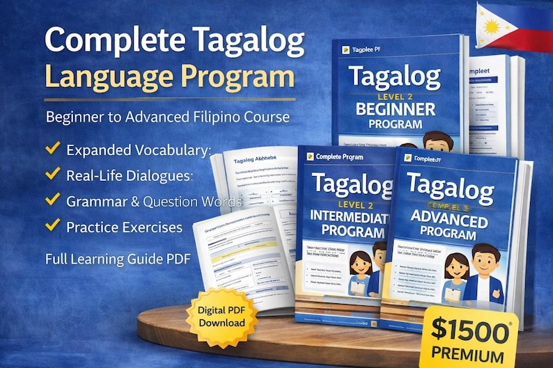 K&ouml;nnte beinhalten: Ein komplettes Tagalog-Sprachprogramm mit Kursmaterialien f&uuml;r Anf&auml;nger bis Fortgeschrittene in Filipino. Das Bild zeigt mehrere B&uuml;cher mit der Aufschrift "Tagalog" mit den Levels 2 und 3 sowie einen digitalen PDF-Download. Das Programm umfasst erweiterten Wortschatz, Dialoge aus dem wirklichen Leben und &Uuml;bungen.