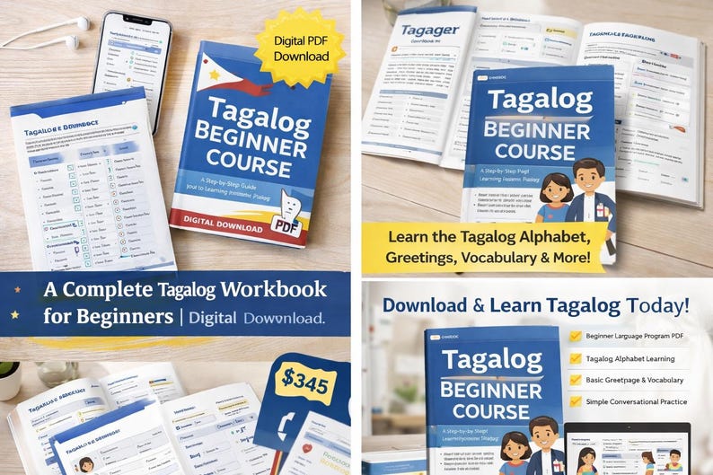 May include: A blue and red "Tagalog Beginner Course" book with the text "Digital Download" and a PDF logo. The image also shows a workbook, a smartphone, and text that reads "A Complete Tagalog Workbook for Beginners".