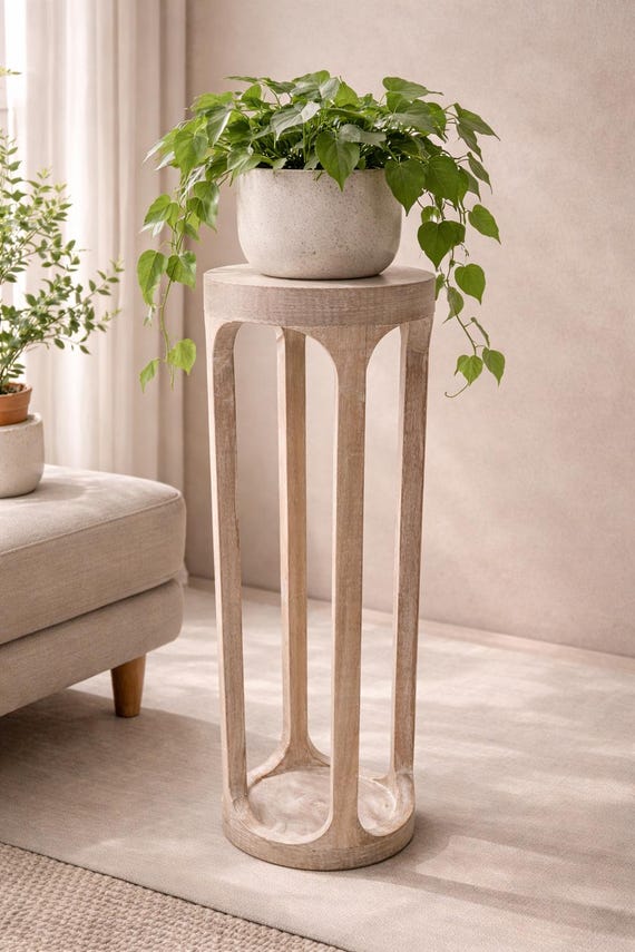 Wooden Pedestal Plant Stand – Round Accent Display Table (Natural + white wash)